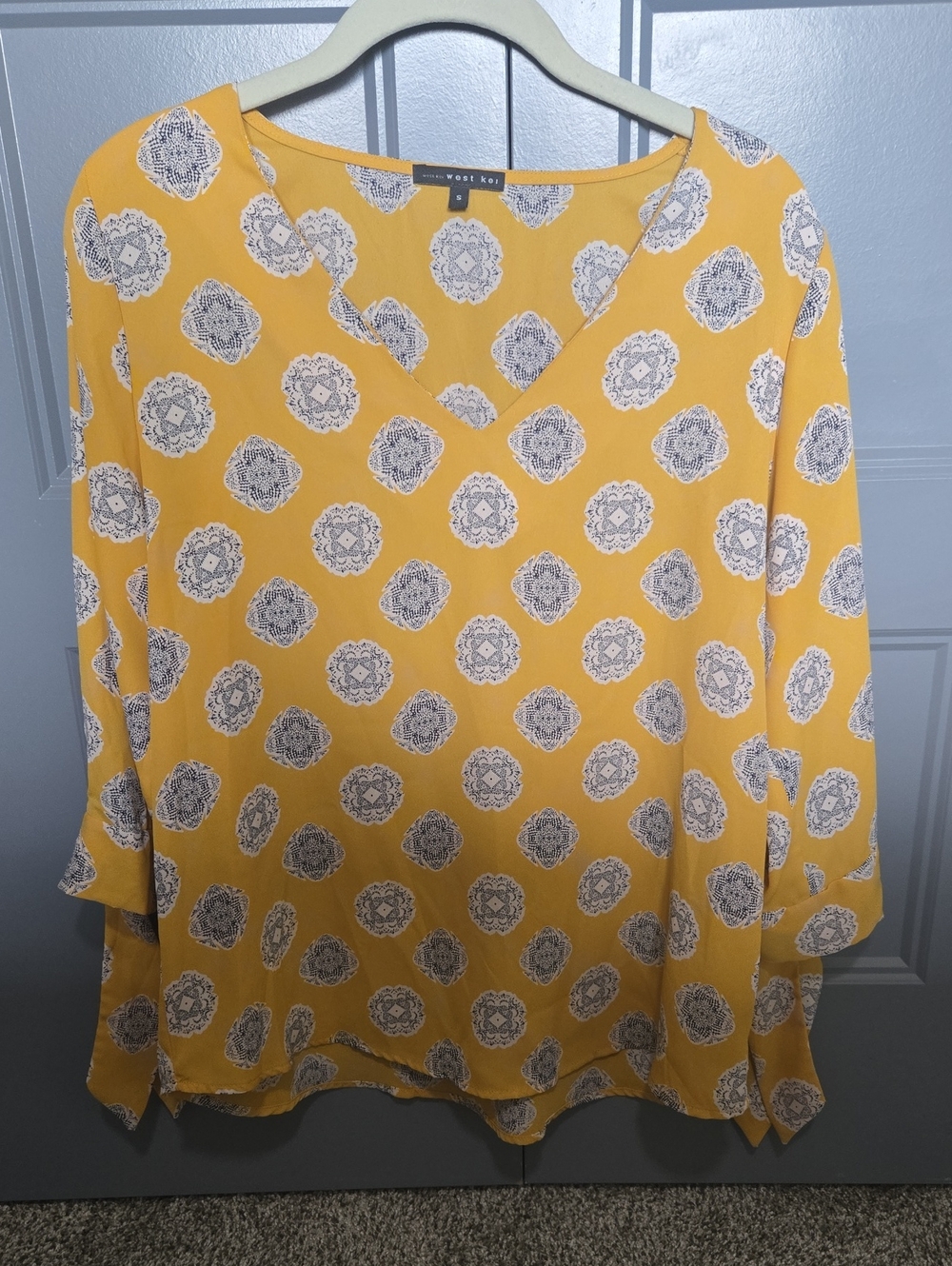 West Kei Yellow Tunic with White and Gray Medallion Print